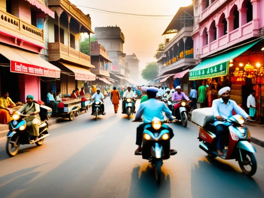 Escena bulliciosa en Nueva Delhi al atardecer, con rickshaws y mercados llenos de matices del hindú en Nueva Delhi