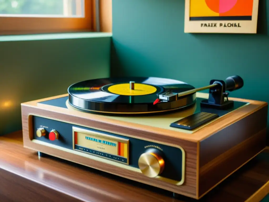 Una escena cautivadora de un tocadiscos vintage con una pila de vinilos a su lado, iluminada por una suave luz natural