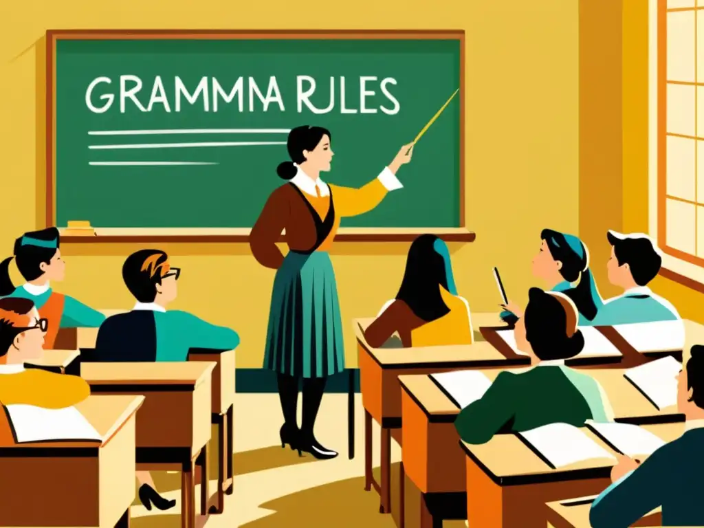 Ilustración vintage de una escena escolar con alumnos debatiendo sobre reglas gramaticales