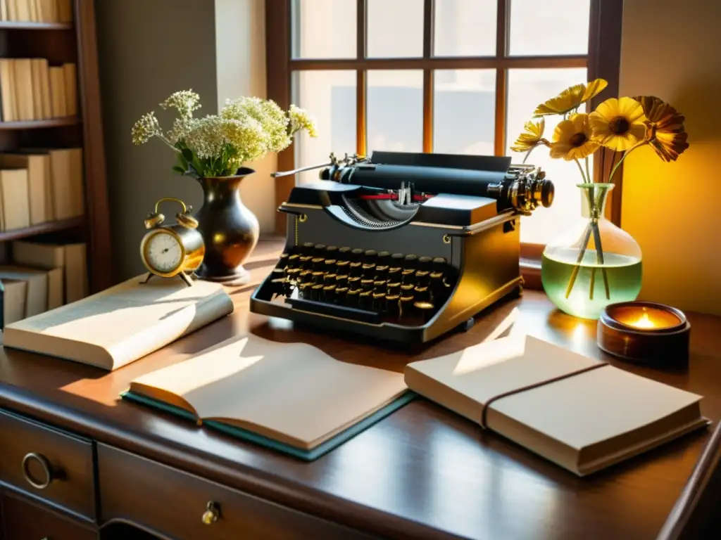 Escena de escritorio antiguo con máquina de escribir vintage y libros apilados, iluminada por la luz del sol