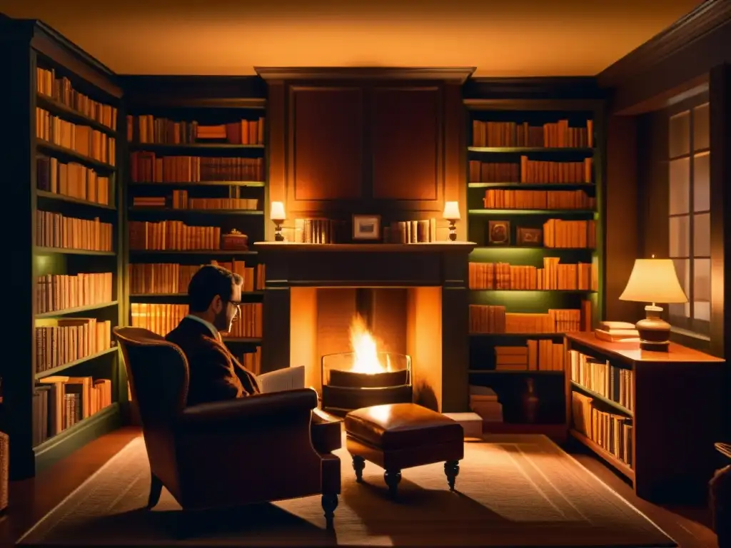 Escena íntima de estudio con libros encuadernados en cuero y una silla junto a la chimenea