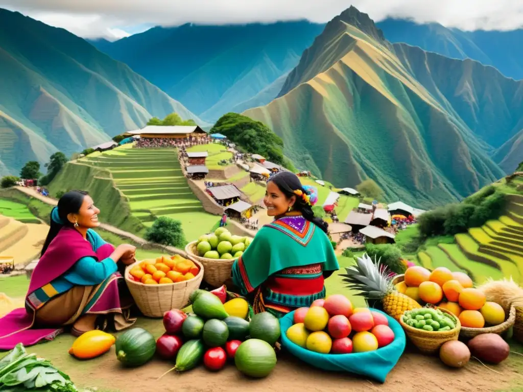 Escena de mercado quechua: mujeres venden frutas, verduras y textiles