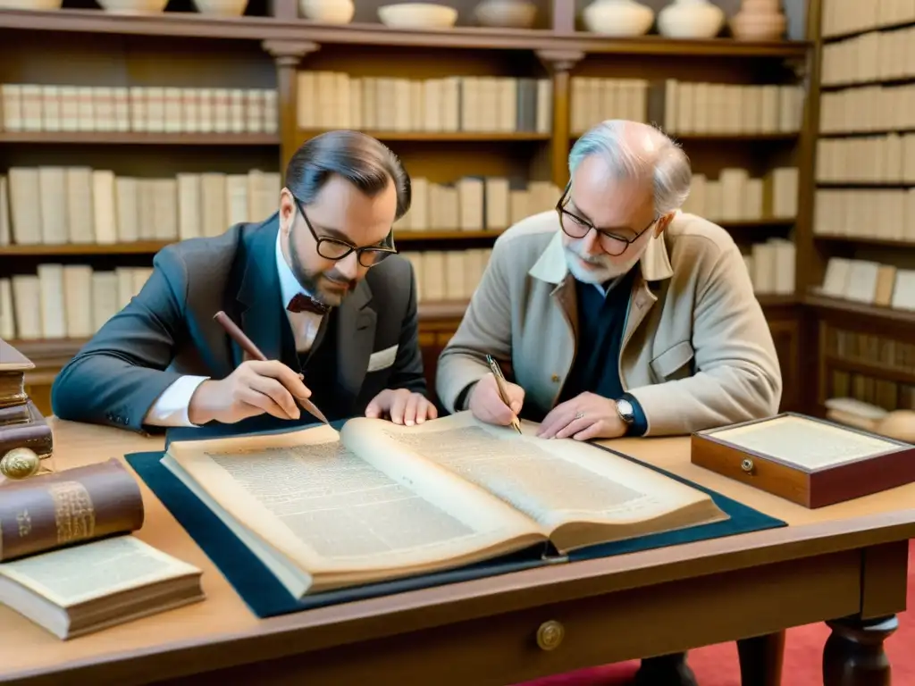 Una escena nostálgica y académica de un lingüista y un arqueólogo examinando manuscritos y artefactos antiguos