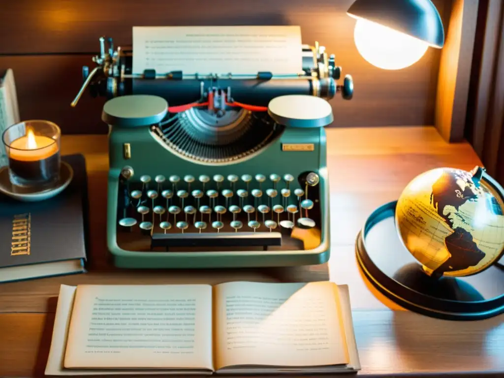Una escena nostálgica y acogedora con una antigua máquina de escribir rodeada de libros, un globo terráqueo y una taza de café