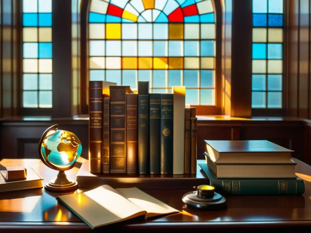 Escena nostálgica de una antigua biblioteca con libros, escritorio de madera, máquina de escribir y luz del sol a través de una ventana de vidrio