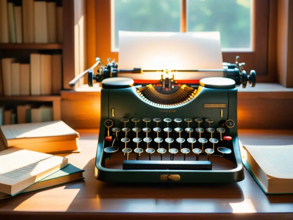 Una escena nostálgica con una antigua máquina de escribir rodeada de libros y papeles, bañada por la cálida luz del sol