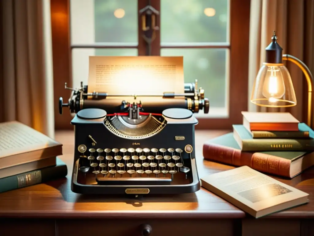 Una escena nostálgica con una antigua máquina de escribir rodeada de libros antiguos y gafas en un cálido escritorio de madera