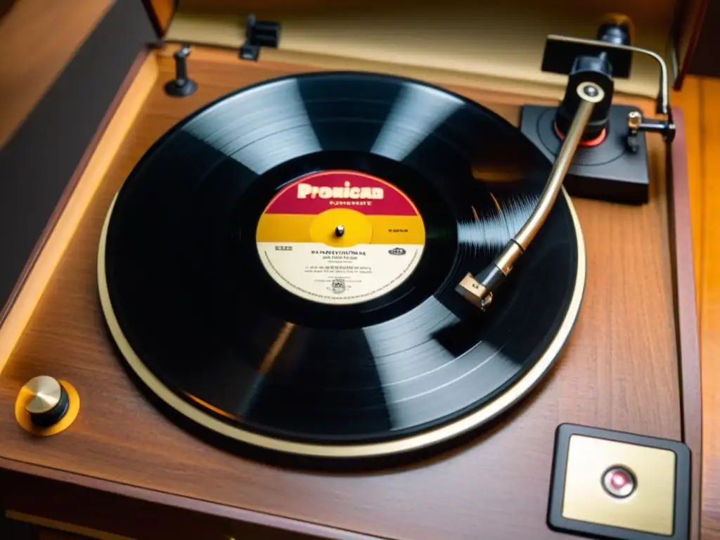 Una escena nostálgica con un antiguo fonógrafo y un vinilo girando, destacando el papel de la fonética en la identidad del catalán