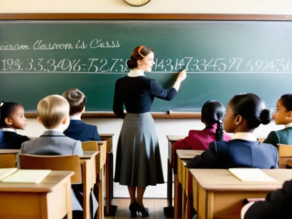 Escena nostálgica de aula vintage con enseñanza basada en tareas para lenguaje, maestra y estudiantes atentos