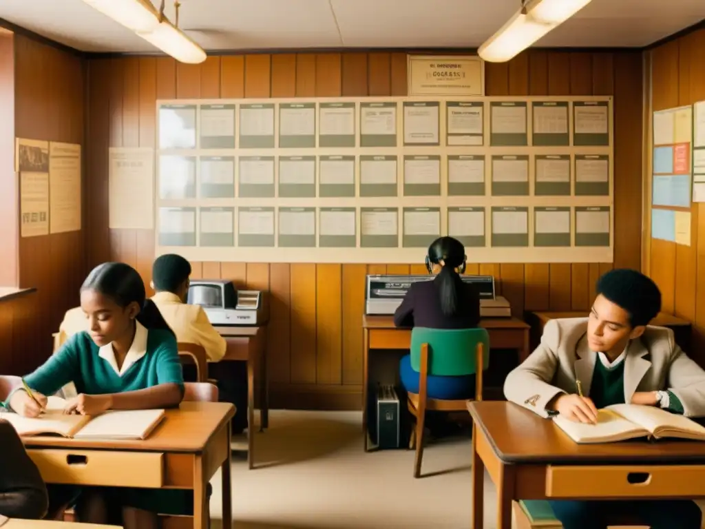 Escena nostálgica de aula vintage con estudiantes inmersos en estrategias para aprender múltiples idiomas simultáneamente