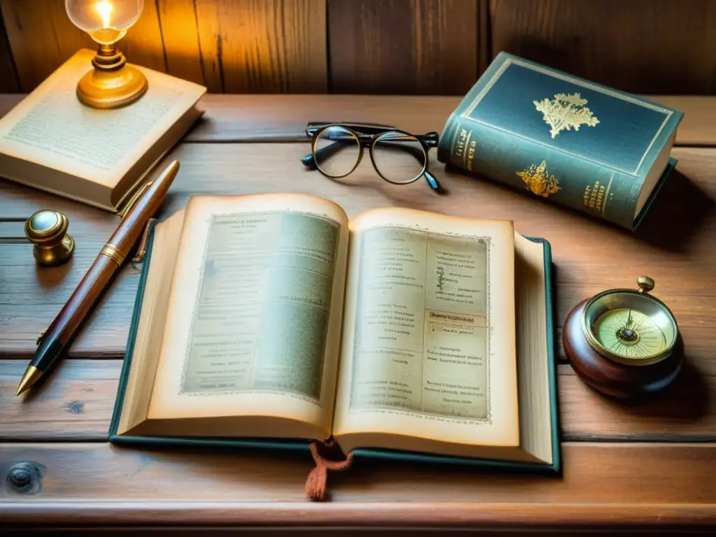 Una escena nostálgica y erudita con un libro antiguo, plumas, tinteros y gafas vintage, en un escritorio de madera con un mapa mundial de fondo