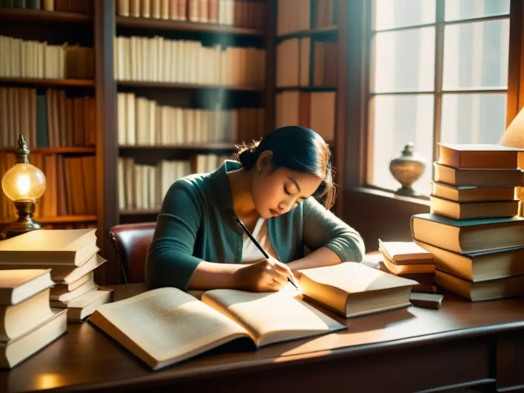 Escena nostálgica en un escritorio desordenado con libros y papeles multilingües, iluminada por luz natural