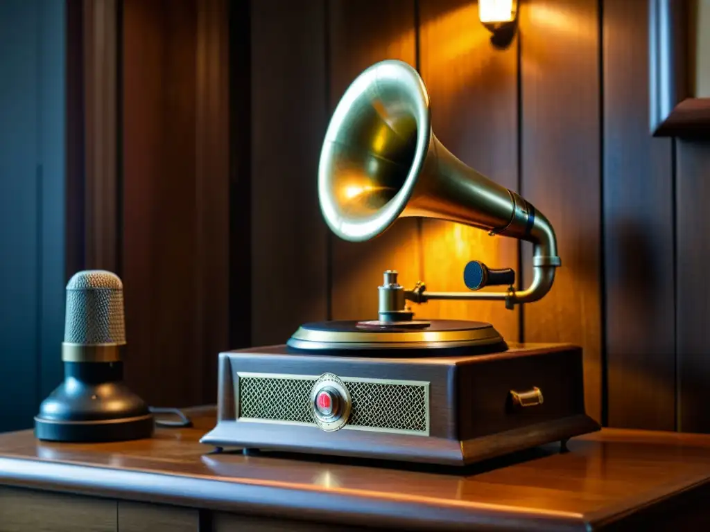 Una escena nostálgica con un fonógrafo antiguo y un micrófono vintage, iluminada por una cálida luz