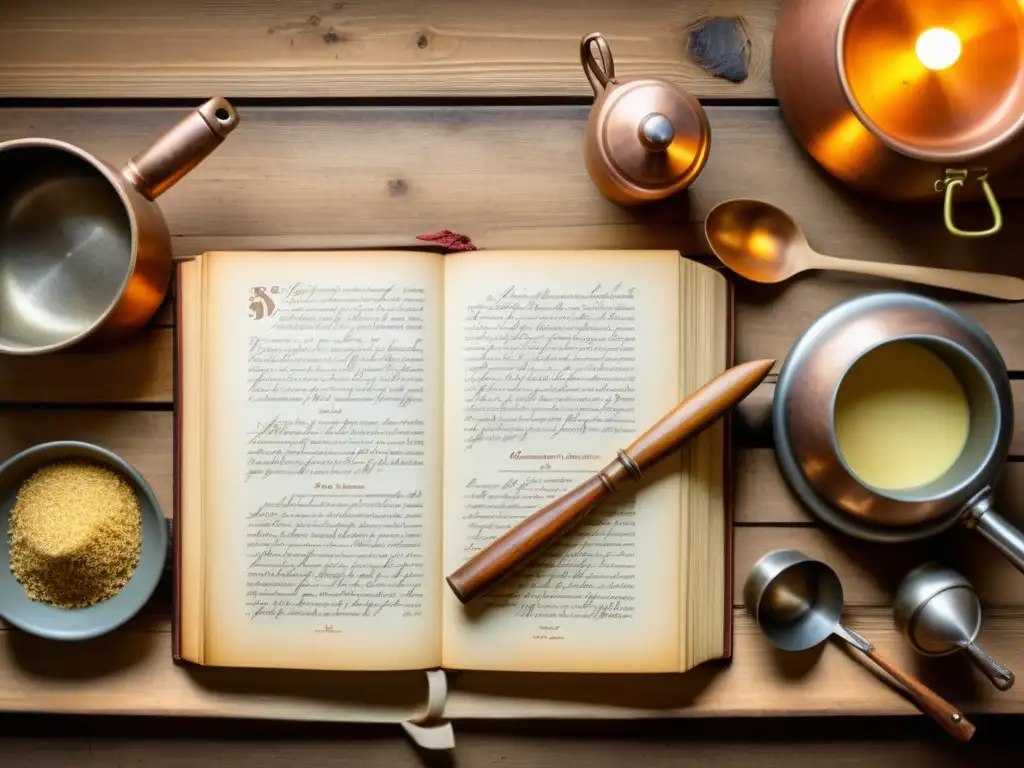 Una escena nostálgica con un libro de cocina vintage alemán abierto en una mesa de madera, rodeado de utensilios de cocina antiguos