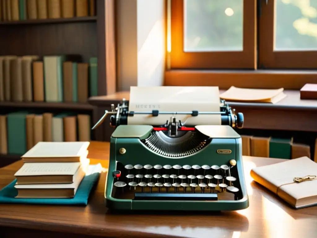 Una escena nostálgica con una máquina de escribir vintage y libros antiguos en un escritorio de madera, iluminada por el sol de la tarde