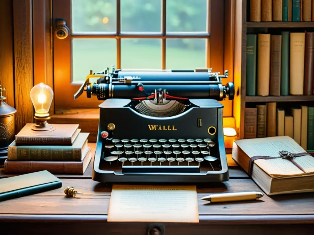 Una escena nostálgica de una máquina de escribir vintage rodeada de libros y utensilios antiguos, iluminada por la cálida luz de la tarde