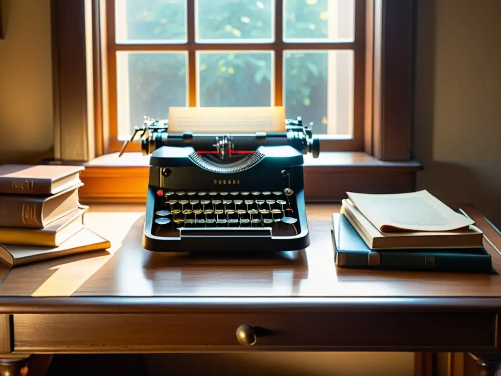 Una escena nostálgica de una máquina de escribir vintage sobre un escritorio de madera, rodeada de libros antiguos con tapas de cuero desgastadas