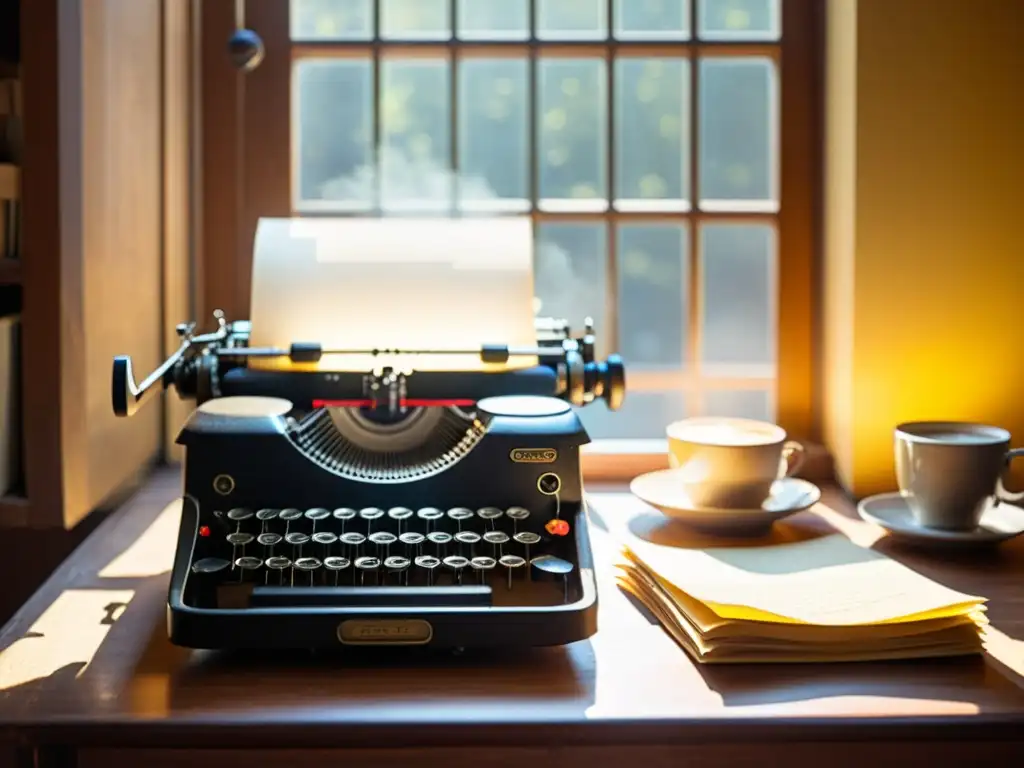 Una escena nostálgica con una máquina de escribir vintage en un escritorio de madera, rodeada de papeles amarillentos y una taza de café humeante