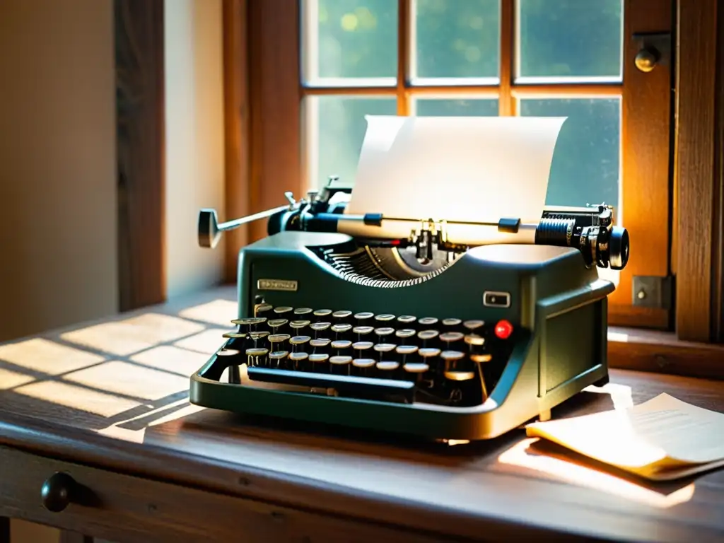 Una escena nostálgica con una máquina de escribir vintage en un escritorio de madera, iluminada por la cálida luz de la tarde