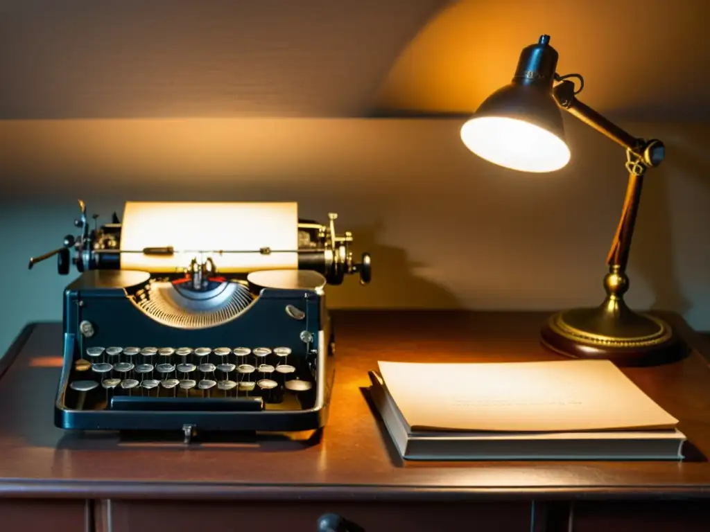 Una escena nostálgica con una máquina de escribir vintage rodeada de libros de cuero desgastados y una suave luz cálida de una lámpara antigua