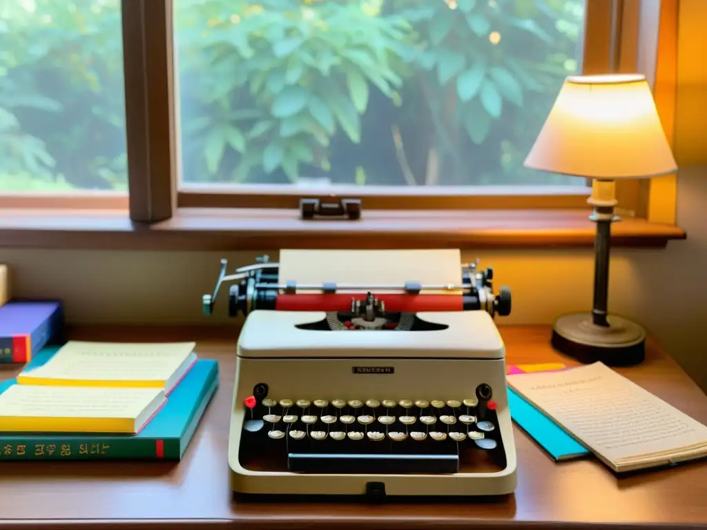 Una escena nostálgica con una máquina de escribir vintage rodeada de libros sobre consultoría lingüística, plumas de colores y una cálida iluminación natural