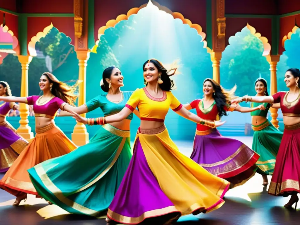 Escena vibrante de película Bollywood con danza, trajes coloridos y diseño de set, reflejando la difusión de lenguas IndoArias modernas