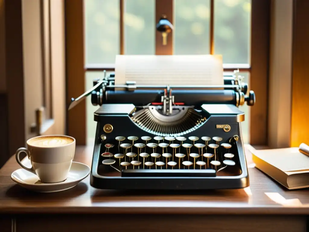 Una escena vintage, una antigua máquina de escribir, un café y unas gafas sobre un escritorio de madera iluminado por el cálido sol de la tarde