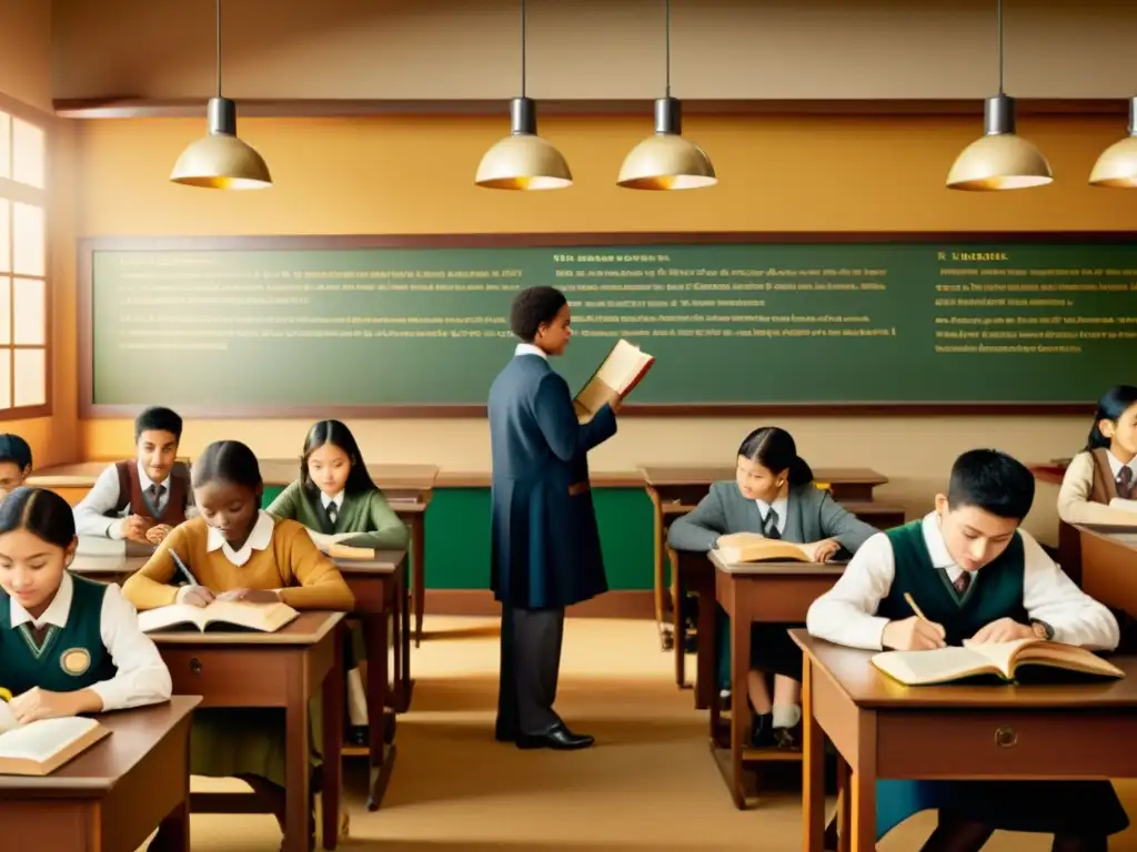 Escena vintage de aula multicultural con estudiantes aprendiendo idiomas, rodeados de libros antiguos y herramientas tradicionales