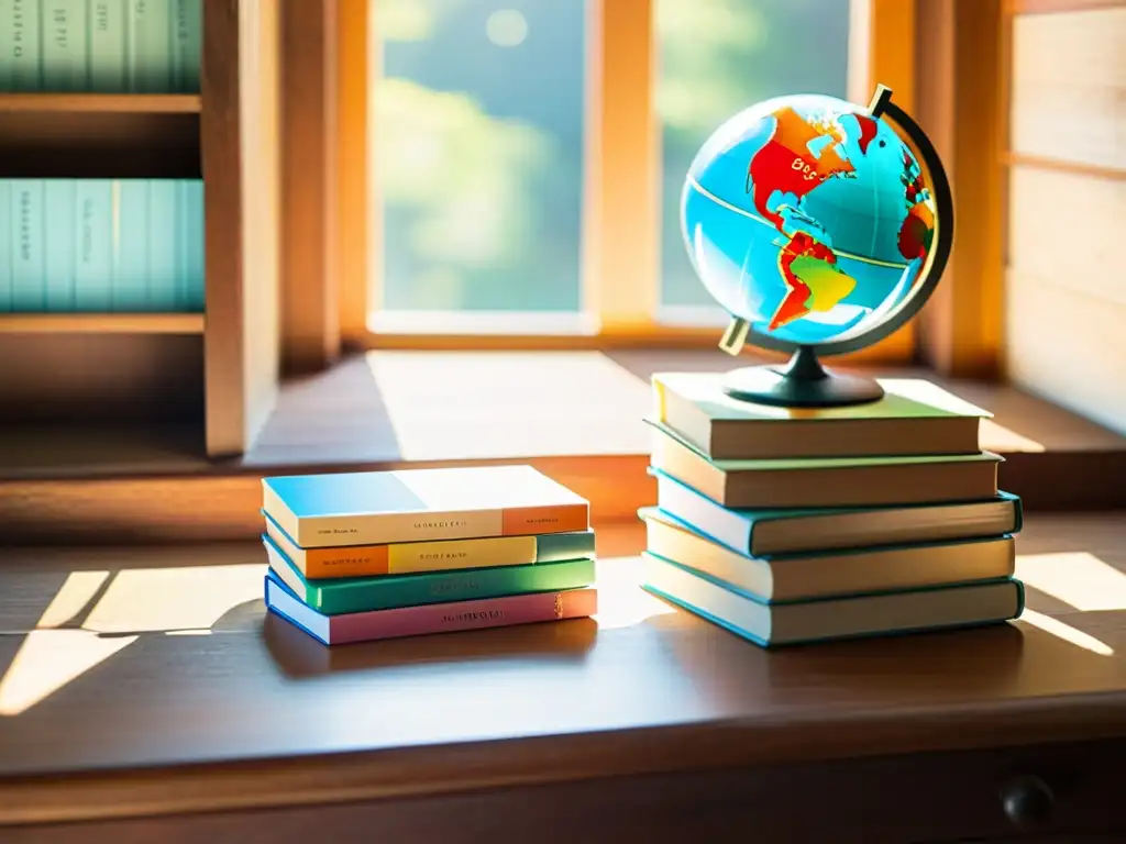 Una escena vintage de coloridas tarjetas de estudio apiladas en un escritorio de madera, junto a un antiguo globo terráqueo y libros viejos