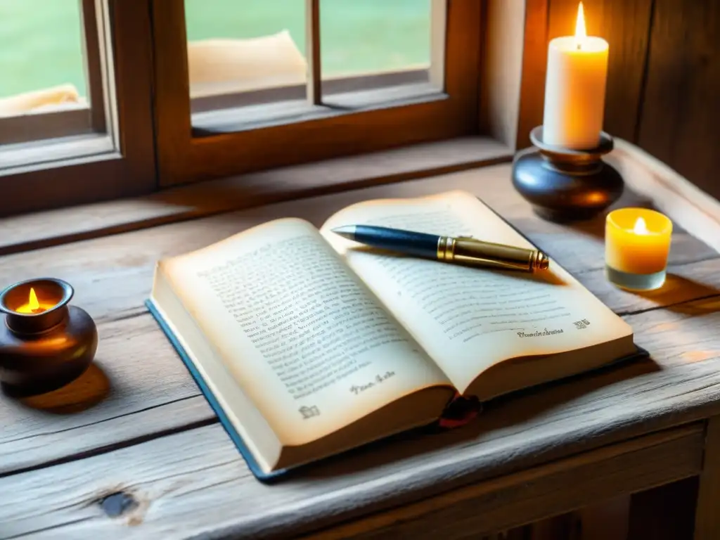 Una escena vintage con un libro antiguo abierto sobre un escritorio de madera envejecida