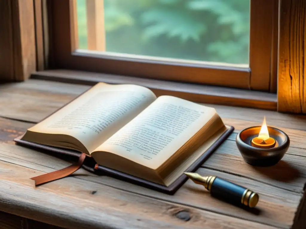 Una escena vintage: un libro de cuero desgastado con títulos en dos idiomas, sobre una mesa de madera vieja junto a una pluma y tintero