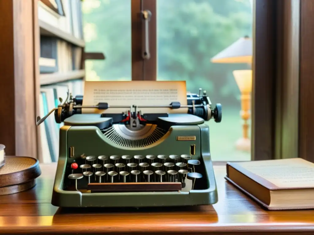 Una escena vintage con una máquina de escribir rodeada de libros antiguos, un globo terráqueo y luz suave