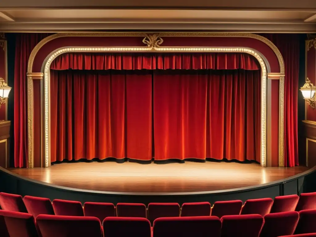 Un escenario de teatro vintage con cortinas de terciopelo rojo revela una escena dramática y tenue