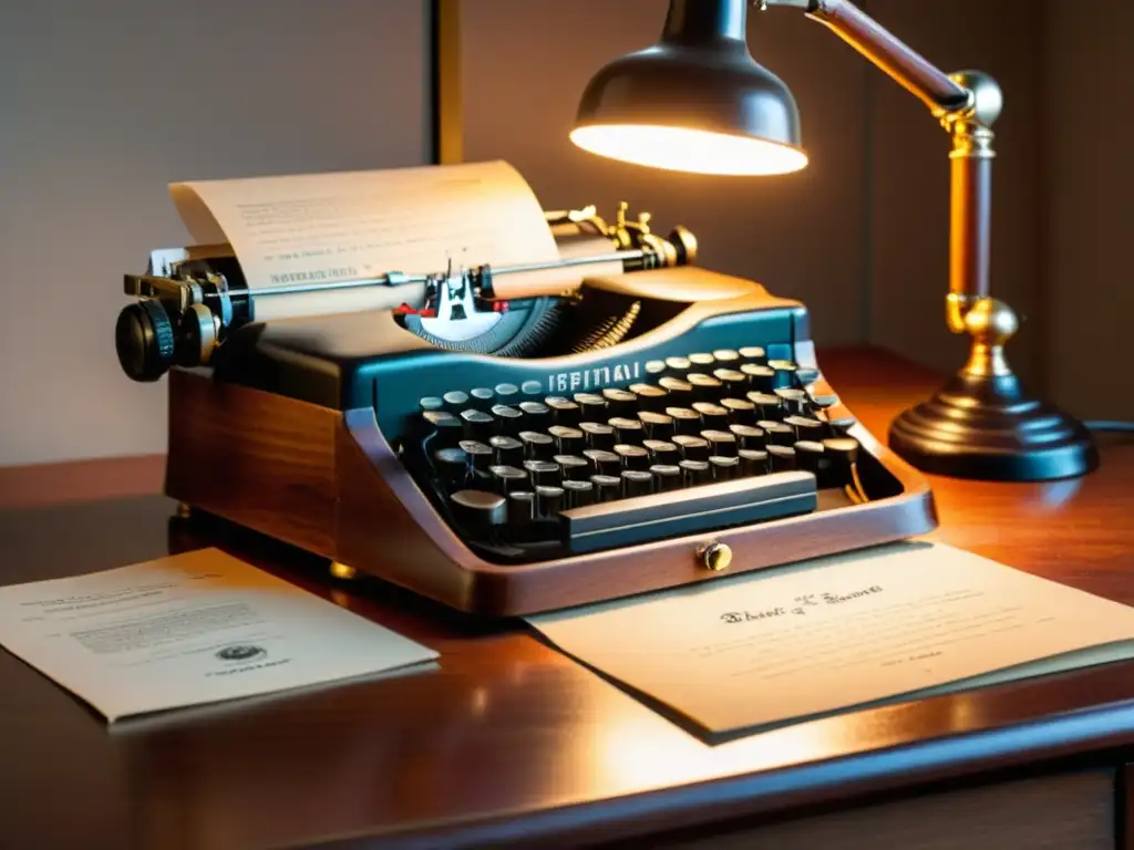 Escritorio de madera antiguo con máquina de escribir vintage, documentos oficiales y sello tradicional, iluminado por luz cálida