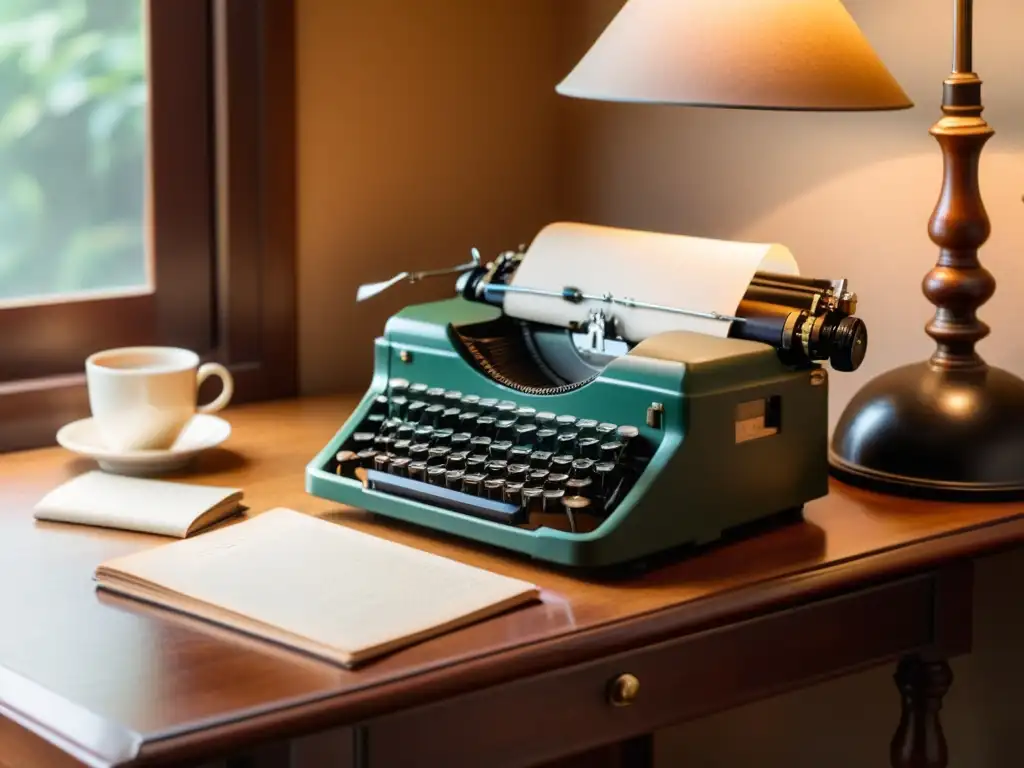 Un escritorio de madera antiguo con máquina de escribir, papeles, y un globo terráqueo