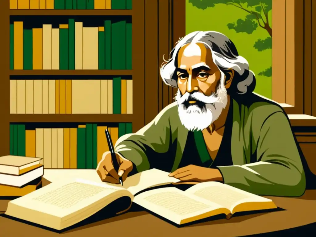 Rabindranath Tagore reflexiona en su escritorio mientras contempla el paisaje de Bengala