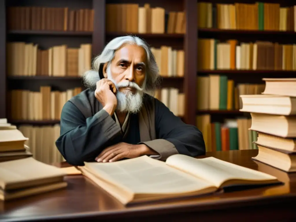 Rabindranath Tagore reflexiona en su escritorio, rodeado de libros y papeles, en una atmósfera nostálgica y llena de resonancia del bengalí Tagore