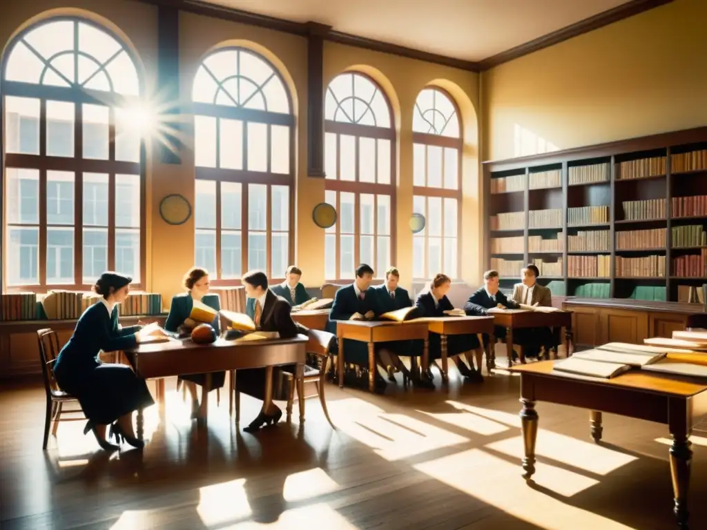 Escuela de idiomas vintage en los años 20, estudiantes elegantes conversan en varios idiomas, rodeados de libros y globos