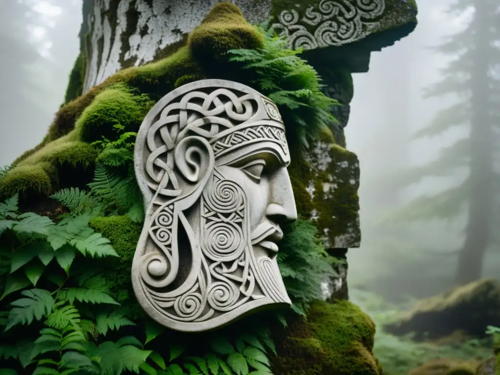 Escultura antigua de guerrero celta tocando cuerno en bosque místico, evocando la aspiración en la fonética celta