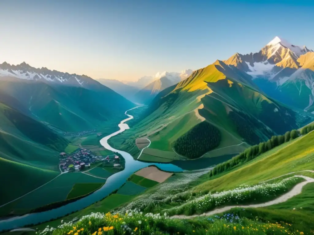 Espectacular panorama de las montañas del Cáucaso al amanecer, reflejando la diversidad étnica y lingüística