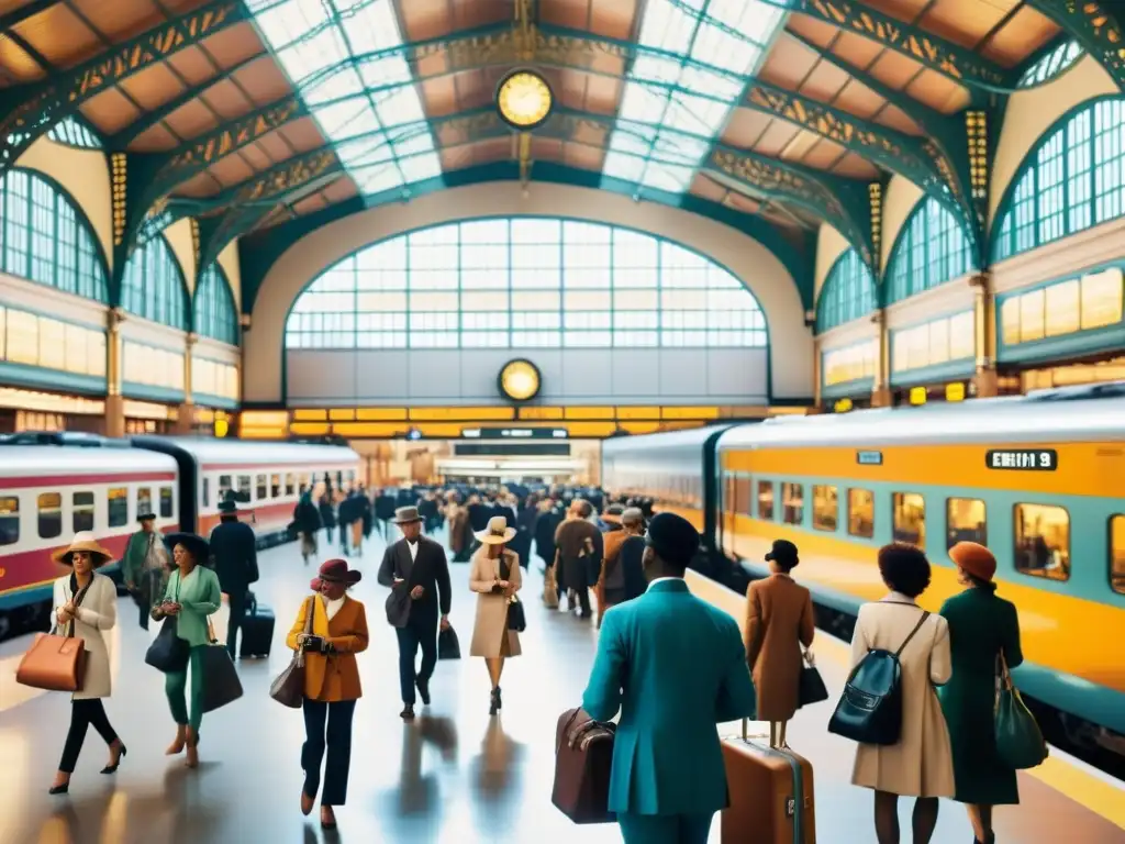 Una estación de tren bulliciosa con viajeros de diferentes culturas usando traducción en tiempo real en sus dispositivos