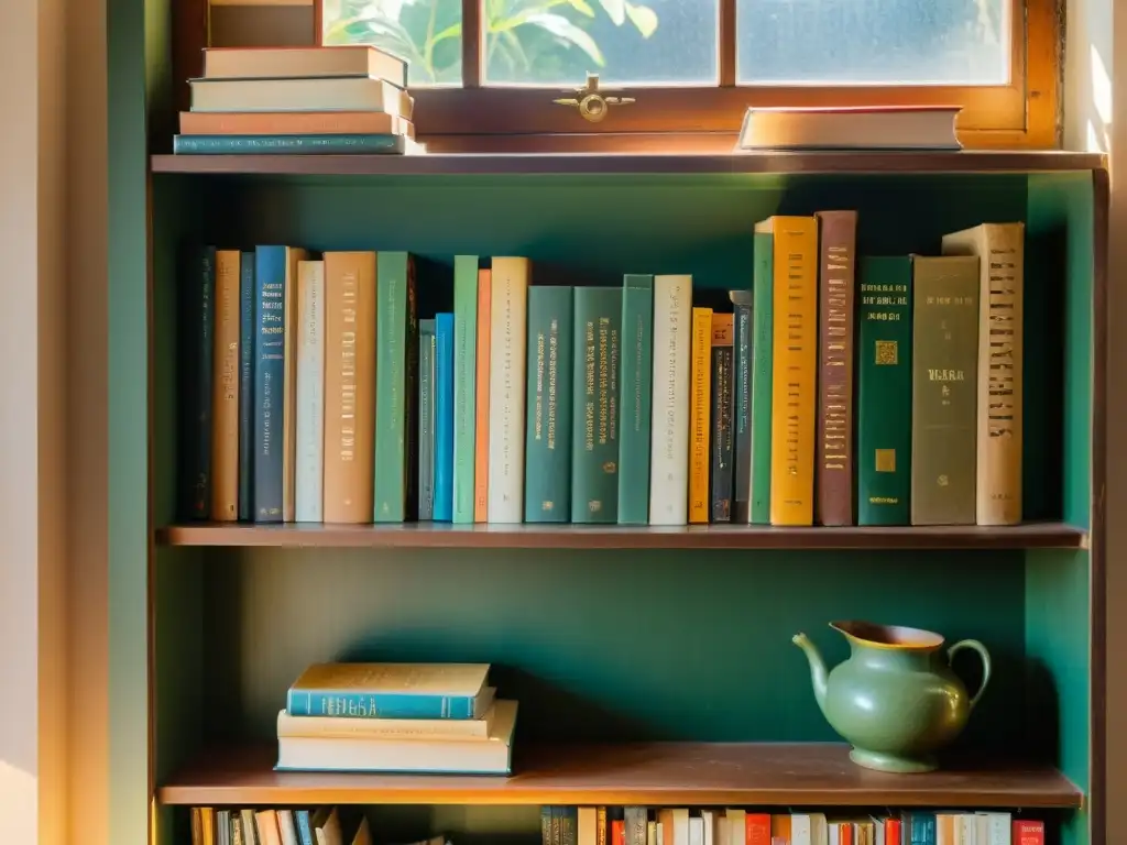 Una estantería antigua llena de libros diversos en varios idiomas, bañada por la luz del sol