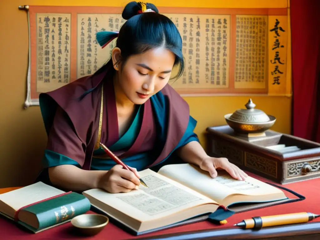 Un ilustración de estilo vintage de un escriba tibetano tradicional creando un manuscrito con herramientas de caligrafía ornamentadas, rodeado de textos y símbolos antiguos