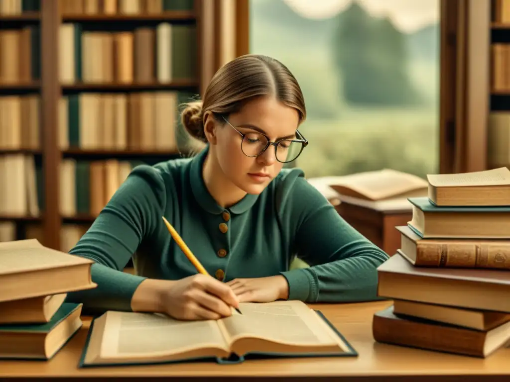 Estudiante concentrado en la gramática alemana rodeado de libros antiguos