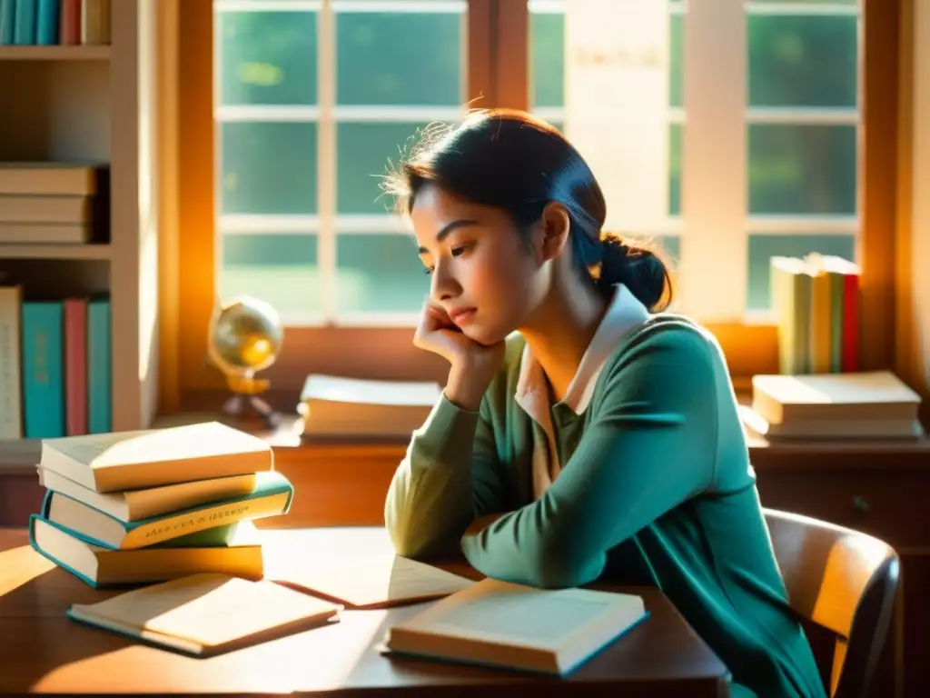 Un estudiante inmerso en la concentración de aprender idiomas, rodeado de libros y tarjetas, iluminado por luz cálida