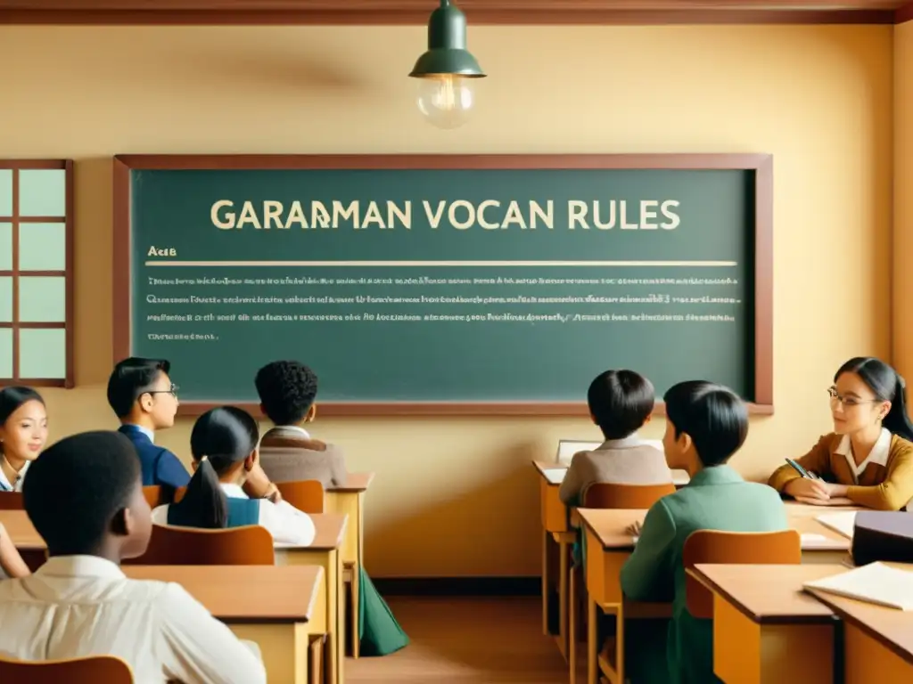 Estudiantes participando en actividades de aprendizaje de idiomas en un aula vintage