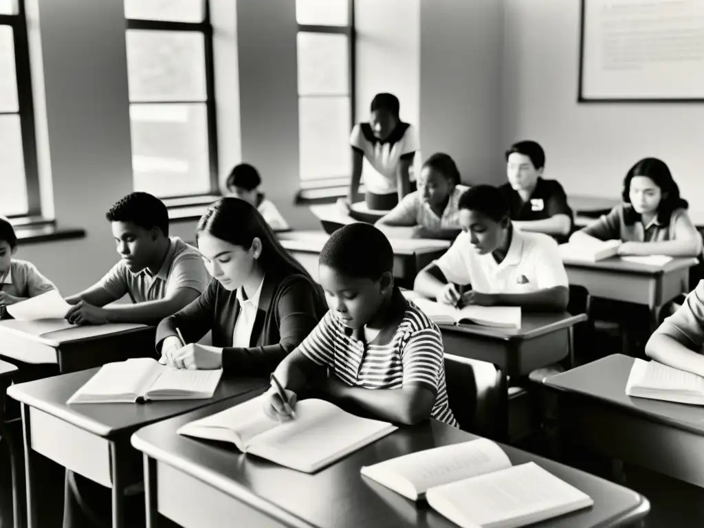 Estudiantes diversos participan en actividades educativas en un aula vintage