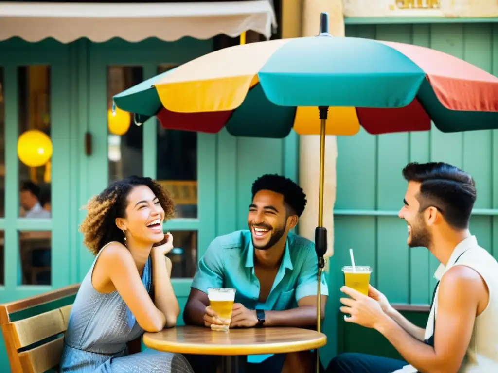 Estudiantes disfrutan de la inmersión lingüística hebreo Tel Aviv en animado café al aire libre, bañados por cálido sol y vibrante ambiente urbano