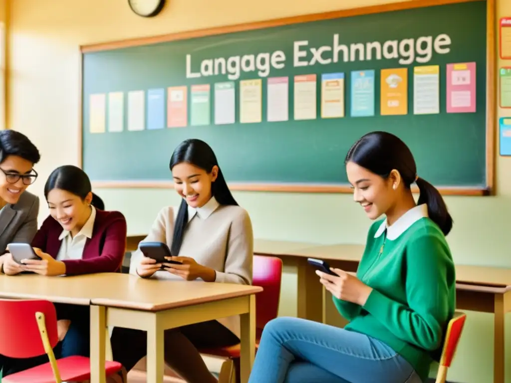 Estudiantes disfrutan de aplicaciones para aprender idiomas mediante redes sociales en un aula vintage iluminada cálidamente