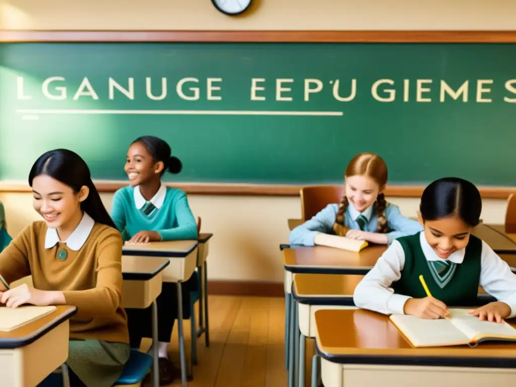 Estudiantes disfrutan de la gamificación en el aprendizaje de idiomas en un aula vintage